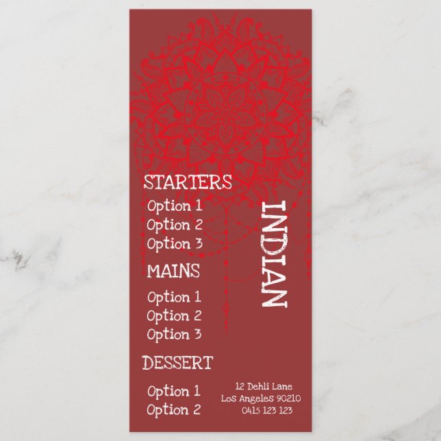 Menu indiano do comensal do restaurante (Frente)