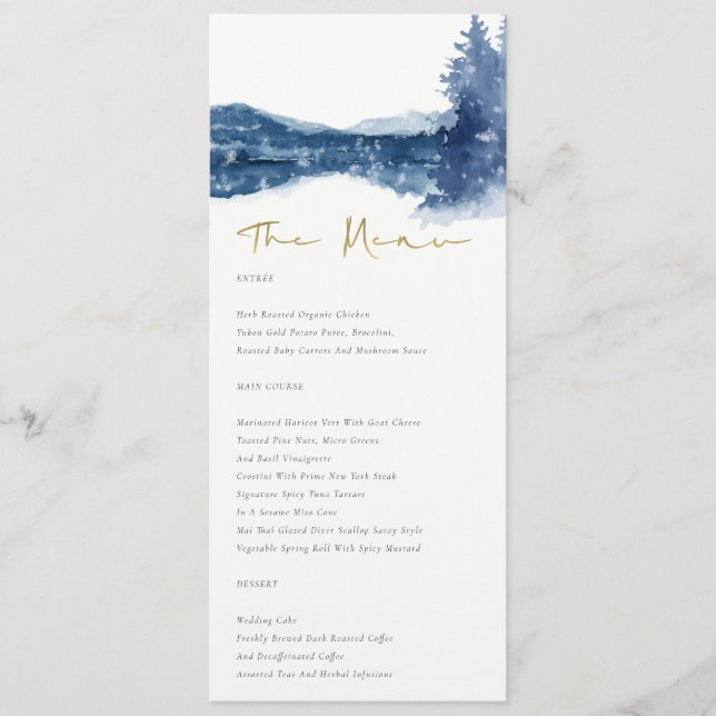 MENU INDIGO INK BLUE MOUNTAIN LAKE SNOW WEDDING (Frente)