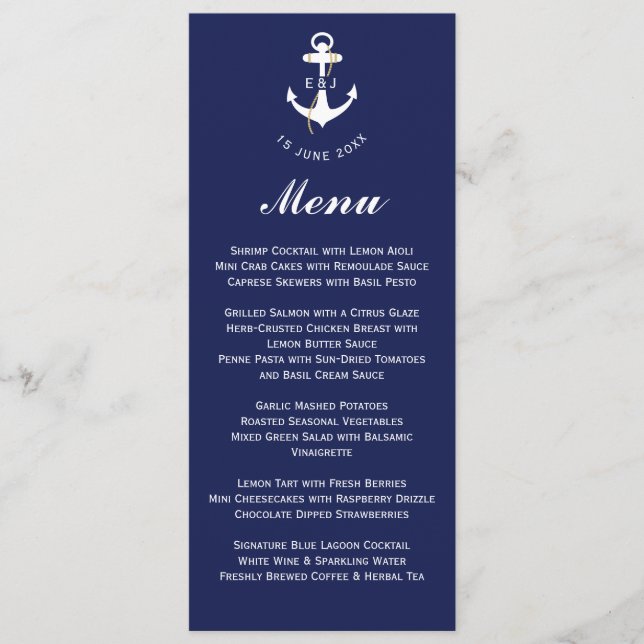 Menu Iniciais De Casamento Náutico De Âncora Elegante (Frente)