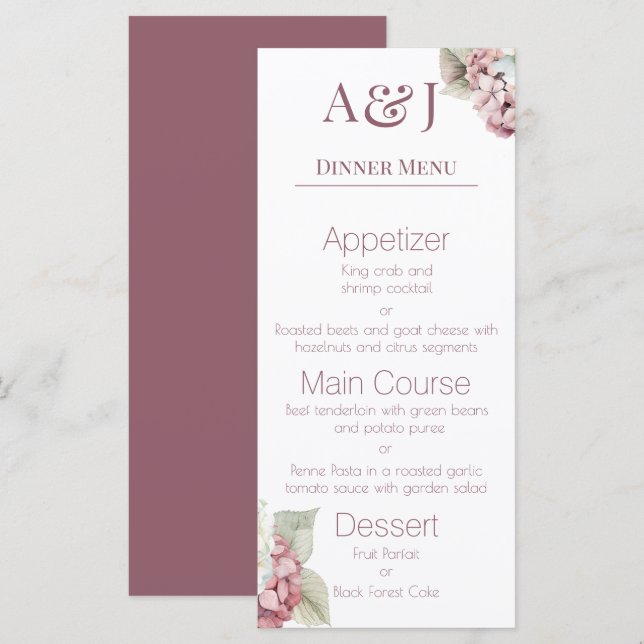 Menu Iniciais de Monograma com Flores de Hortênsia Rosa (Frente/Verso)