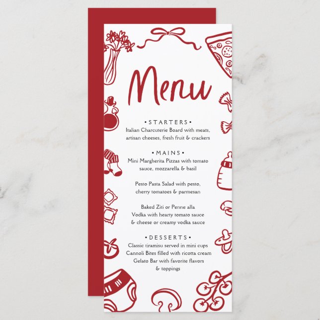 Menu Italian Whimsical Red Hand Drawn Pizza Baby Shower (Frente/Verso)