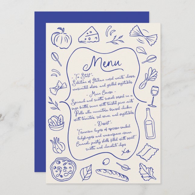 Menu Italiano Desenhado à Mão Azul e Creme (Frente/Verso)