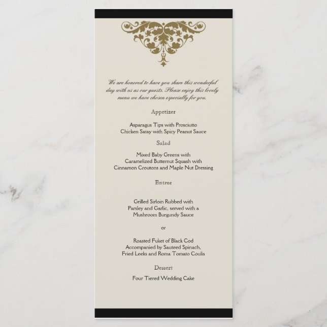 Menu Ivory Black and Dourado Casamento tema damasco Men (Frente)