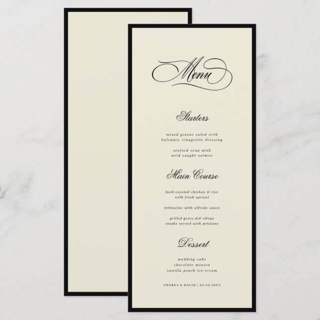 Menu Ivory & Black Old Money Aesthetic Retro Wedding (Frente/Verso)