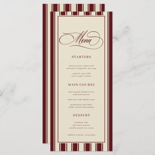 Menu Ivory & Burgundy Stripes Border Retro Wedding (Frente/Verso)