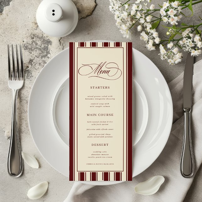Menu Ivory & Burgundy Stripes Border Retro Wedding (Criador carregado)
