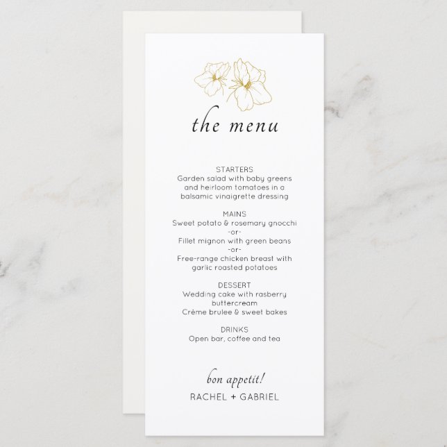 Menu Ivory & White | Casamento Floral Dourado Chic Faux (Frente/Verso)