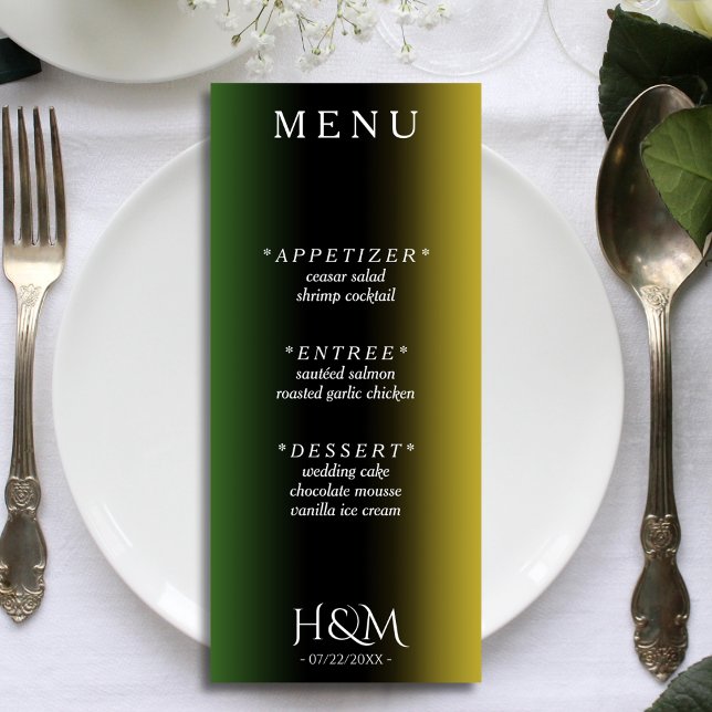 Menu Jamaica Colors Ombre Recepção de casamento jamaica (Jamaica colors green, black and gold gradient wedding menu)
