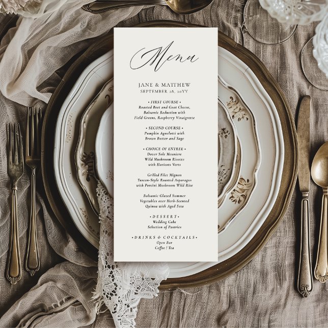 Menu Jane Simples Casamento Moderno Elegante Preto Scri (This elegant wedding dinner menu features a handwritten calligraphy script font)