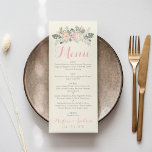 Menu Janta de Casamento com Ivory Pink e Dourada Floral<br><div class="desc">Design de cardápio de Boho com carateres de carteirinha Menu em cartaz com texto personalizado e um monograma que pode ser completamente personalizado, enquadrado com flores românticas, folhas botânicas e sotaques de penas de pássaros rústicos. O esquema de cor da vinheta suave inclui tonalidades de cor rosa pastel, pêssego, creme,...</div>