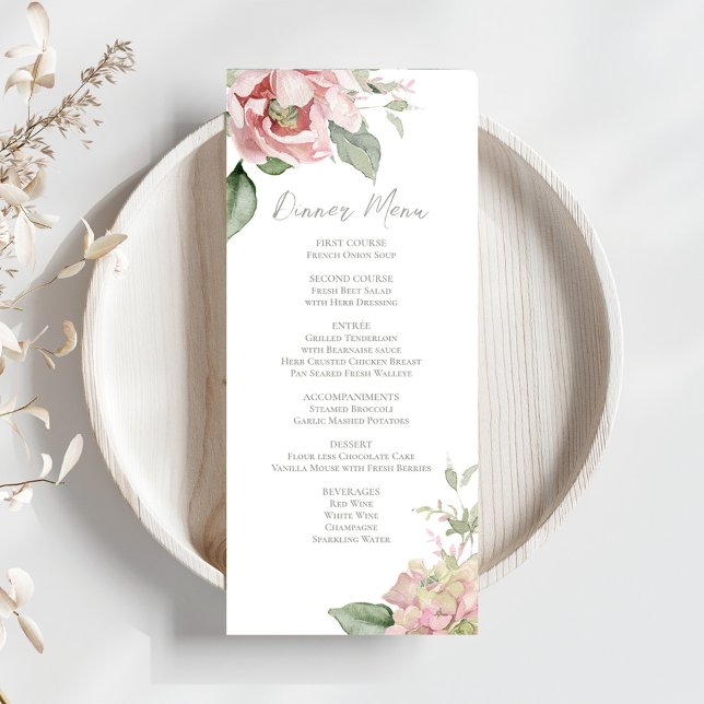 Menu Janta Floral Blush Pink Wedding (Elegant blush pink floral dinner menu card template. )