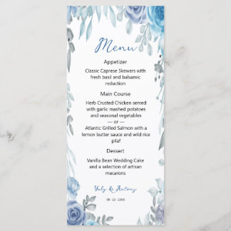 Menu Jantar Botânico em Aquarela de Azul Suave Ardósia