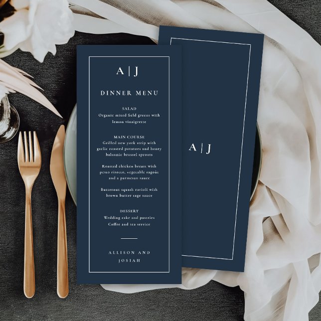 Menu Jantar com monograma de casamento clássico (Classic navy blue wedding monogram dinner or bar menu.)
