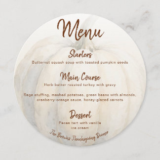 Menu Jantar de Ação de Graças Abobrinha Aquarela Redond