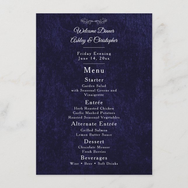 Menu Jantar de Boas-Vindas Azul-Navy Elegante (Frente)