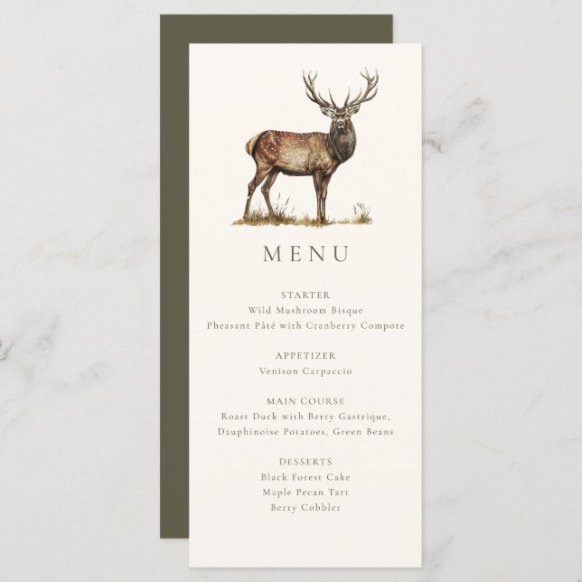Menu Jantar de Caça Outonal Elegante com Cervo Rustico (Frente/Verso)