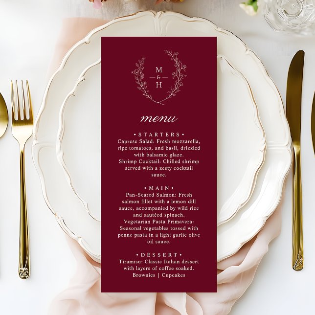 Menu Jantar de Casamento Boho Monograma Burgundy Elegan (Criador carregado)