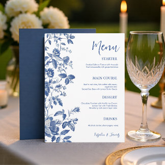 Menu Jantar de Casamento Botânico com Toile Azul Clássi