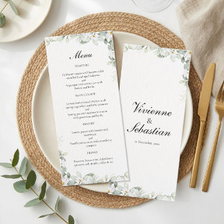 Menu Jantar de casamento com eucalipto verde em aquarel