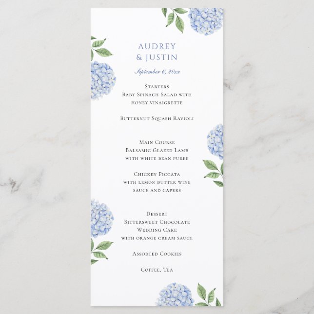 Menu Jantar de Casamento com Hortênsia Azul Clássica (Frente)