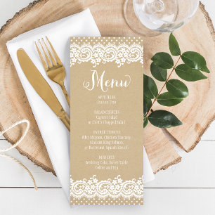 Menu Jantar de casamento rústico Kraft e renda