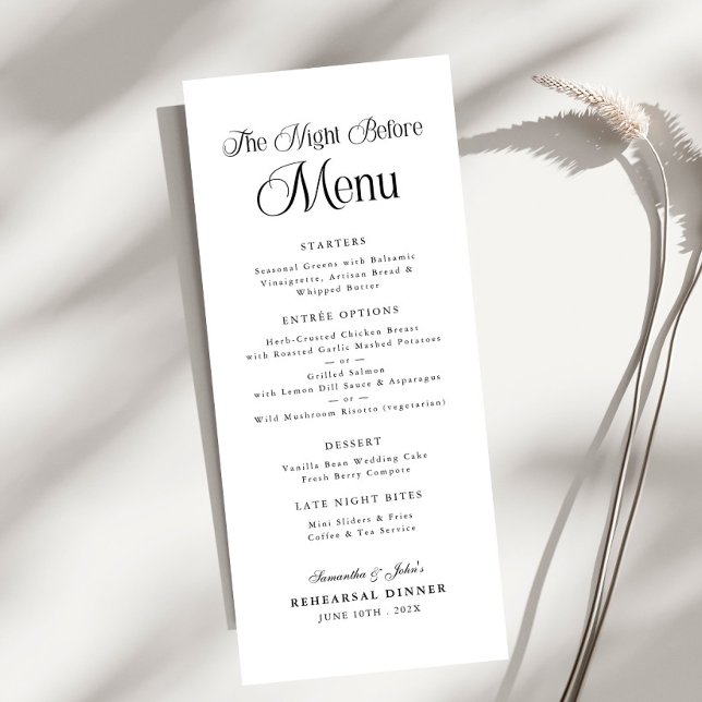 Menu Jantar de Ensaios Moderno e Elegante da Véspera (Criador carregado)