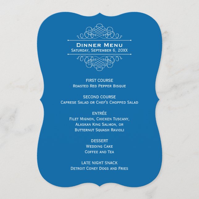 Menu Jantar de Monograma de Casamento Azul Clássico Ele (Frente)