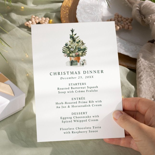 Menu Jantar de Natal Árvore de Natal em Aquarela Elegan (Criador carregado)