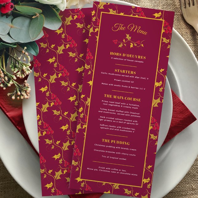 Menu Jantar de Natal de 4 pratos em vermelho dourado co (Criador carregado)