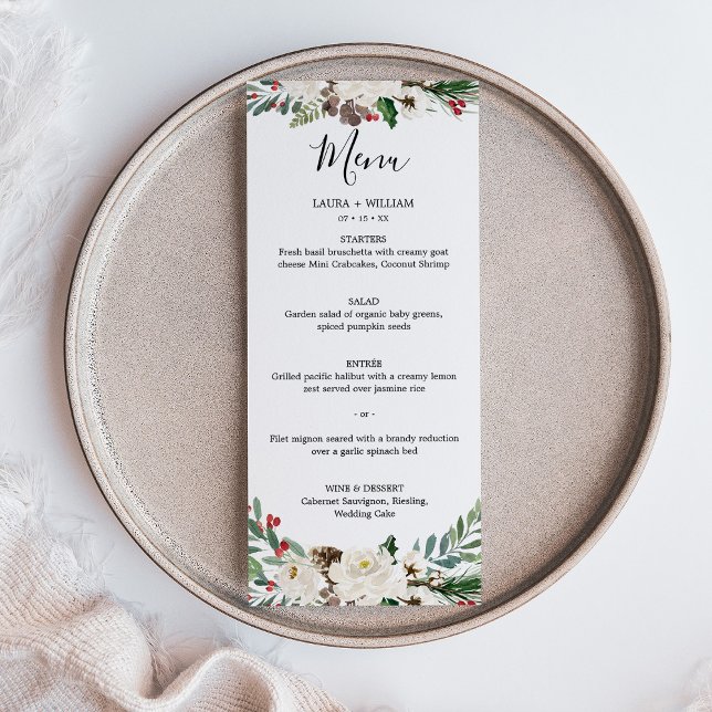 Menu Jantar de Natal de Noivado com Frutas Vermelhas e  (Holly Berries and Floral Wedding Christmas Dinner Menu)