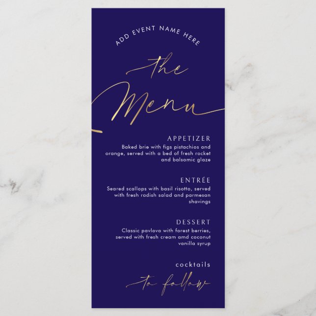 Menu Jantar de Negócios da Empresa Navy & Gold Script (Frente)