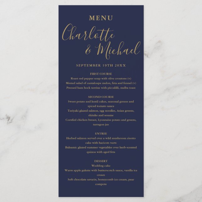 Menu Jantar de Noite de Casamento Azul Marinho e Dourad (Frente)