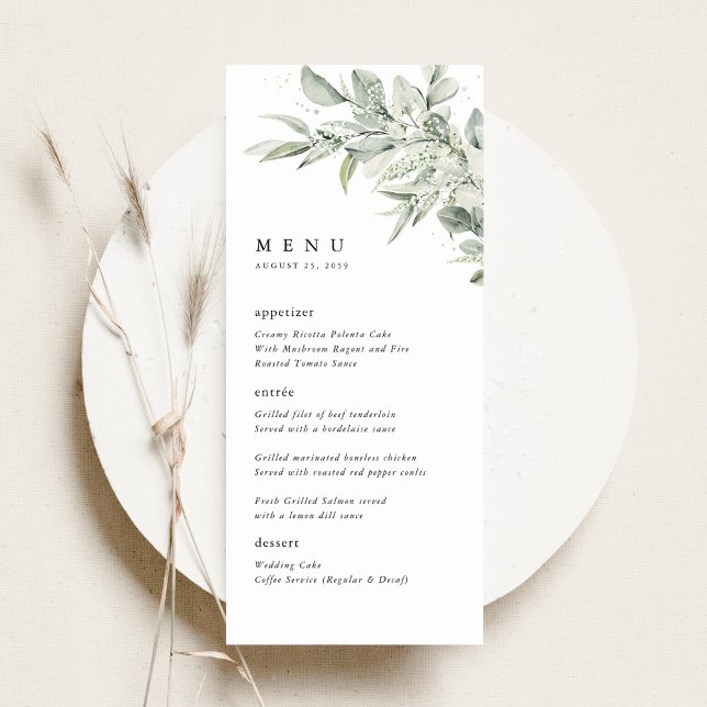 Menu Jantar de Noite de Casamento com Aguarela Botânica (Sage green botanical watercolor wedding menu card, elegant minimalist reception stationery)