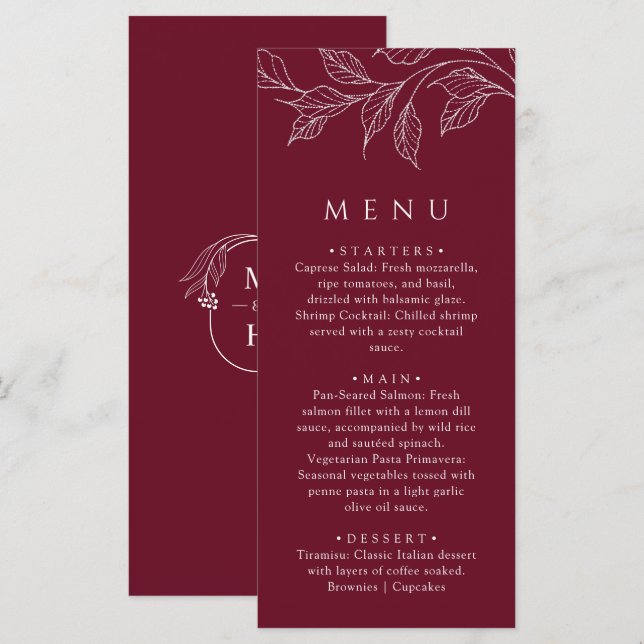 Menu Jantar de Noiva Botânico Elegante Borgonha (Frente/Verso)