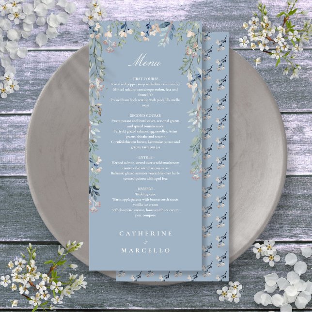 Menu Jantar de Noiva com Flores Azuis Polvilhadas (Dusty Blue Floral Wildflowers Wedding Dinner Menu)