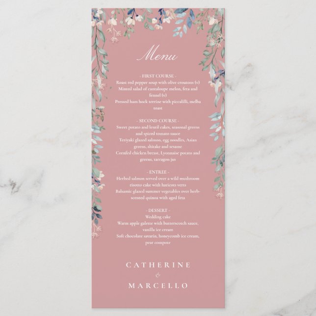 Menu Jantar de Noiva Floral Rosa Poenta com Flores Silv (Frente)