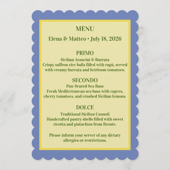 Menu Jantar de Noivado com Azulejo Siciliano e Limão (Frente)