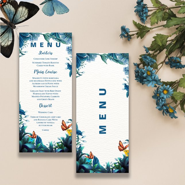Menu Jantar de Recepção com Borboleta de Folhagem Azul  (Blue Green Foliage Butterfly Reception Dinner Menu)