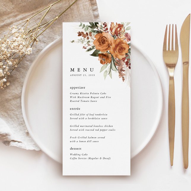 Menu Jantar de Recepção de Casamento Boho Rosa Terracot (Terracotta rose floral wedding menu card with watercolor roses, elegant typography, table setting)