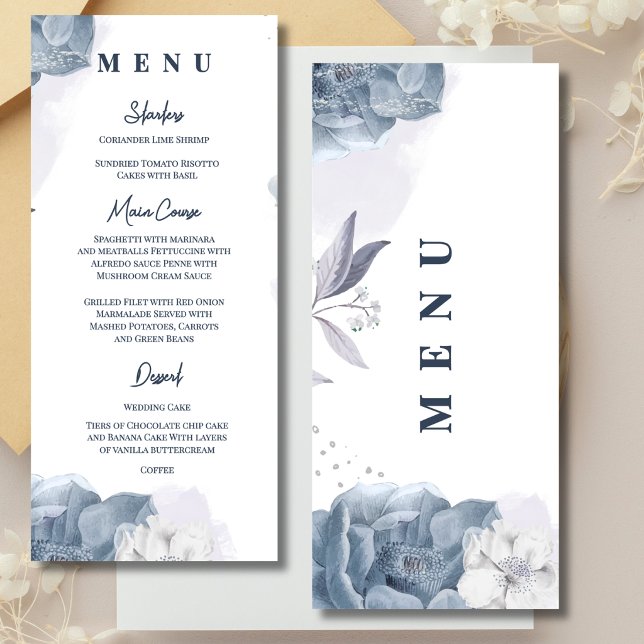 Menu Jantar de Recepção de Casamento Romântico em Azul  (Dusty Blue Romantic Floral Wedding Menu Card | Elegant Reception Menu)