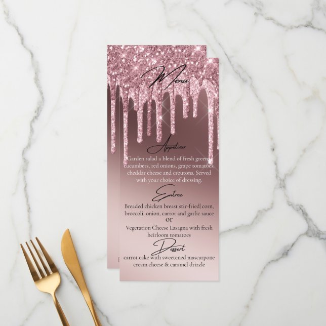 Menu Jantar Elegante com Brilho de Rosa Dourada Escura  (Frente/Verso In Situ)