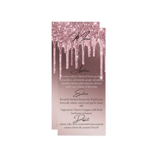 Menu Jantar Elegante com Gotejamento de Glitter Rosa Do (Frente/Verso In Situ)