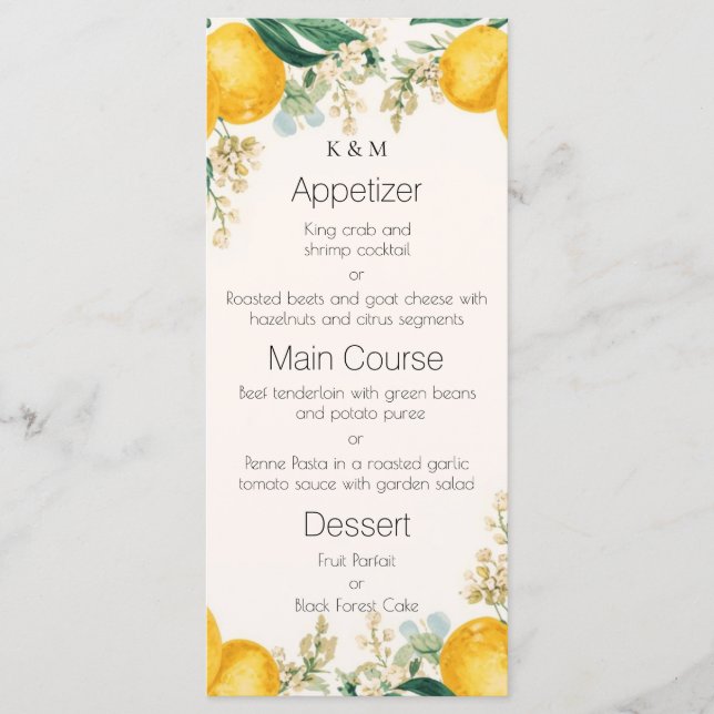 Menu Jantar Elegante com Limões e Flores em Aquarela (Frente)