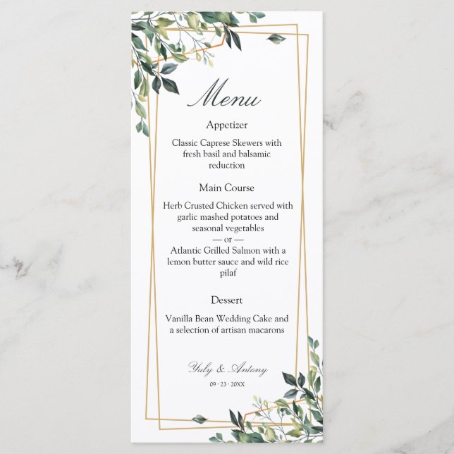 Menu Jantar Sofisticado com Impressão de Folhagem em Do (Frente)