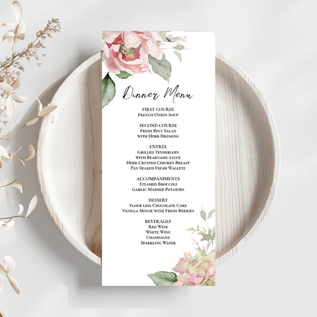 Menu Janto Blush Pink Floral Casamento (Elegant calligraphy script floral wedding menu card template. )