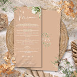 Menu Janto Casado Tan Floral Greenery Monograma<br><div class="desc">Este elegante verde botânico floral deixa o menu de casamento pode ser personalizado com suas informações em tipografia quica com suas iniciais de monograma no verso. Projetado por Thisnotme©</div>