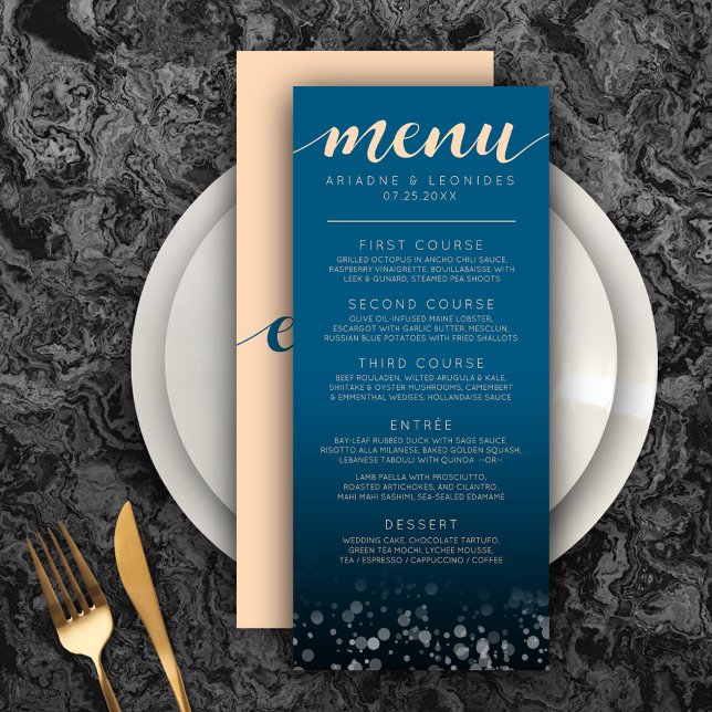 Menu Janto Casamento Azul Elegante Peach Oceanic (Elegant Peach and Oceanic Blue Wedding Menu Rack Card Cover Photo.)