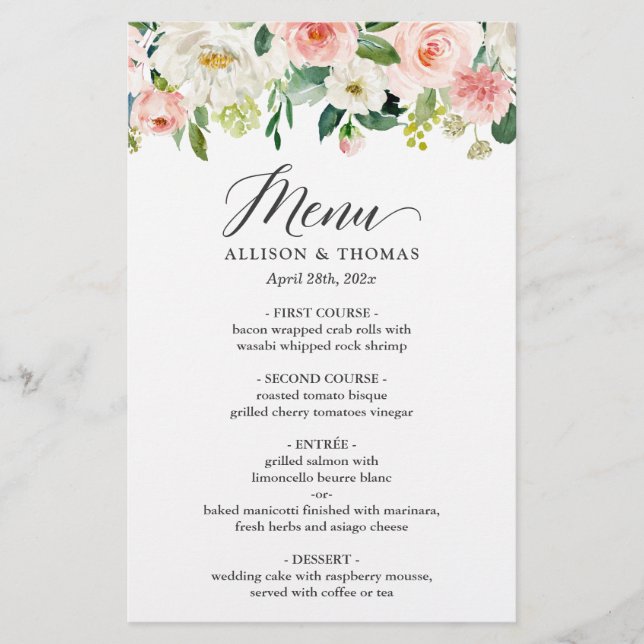 Menu Janto Casamento Chic Blush White Floral Branc (Frente)