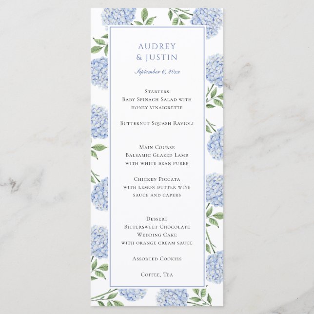 Menu Janto Casamento Clássico de Hydrangea Azul (Frente)