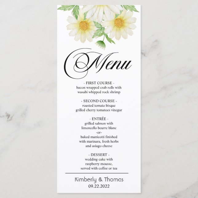 Menu Janto Casamento de Flores de Margarida de Aquarela (Frente)
